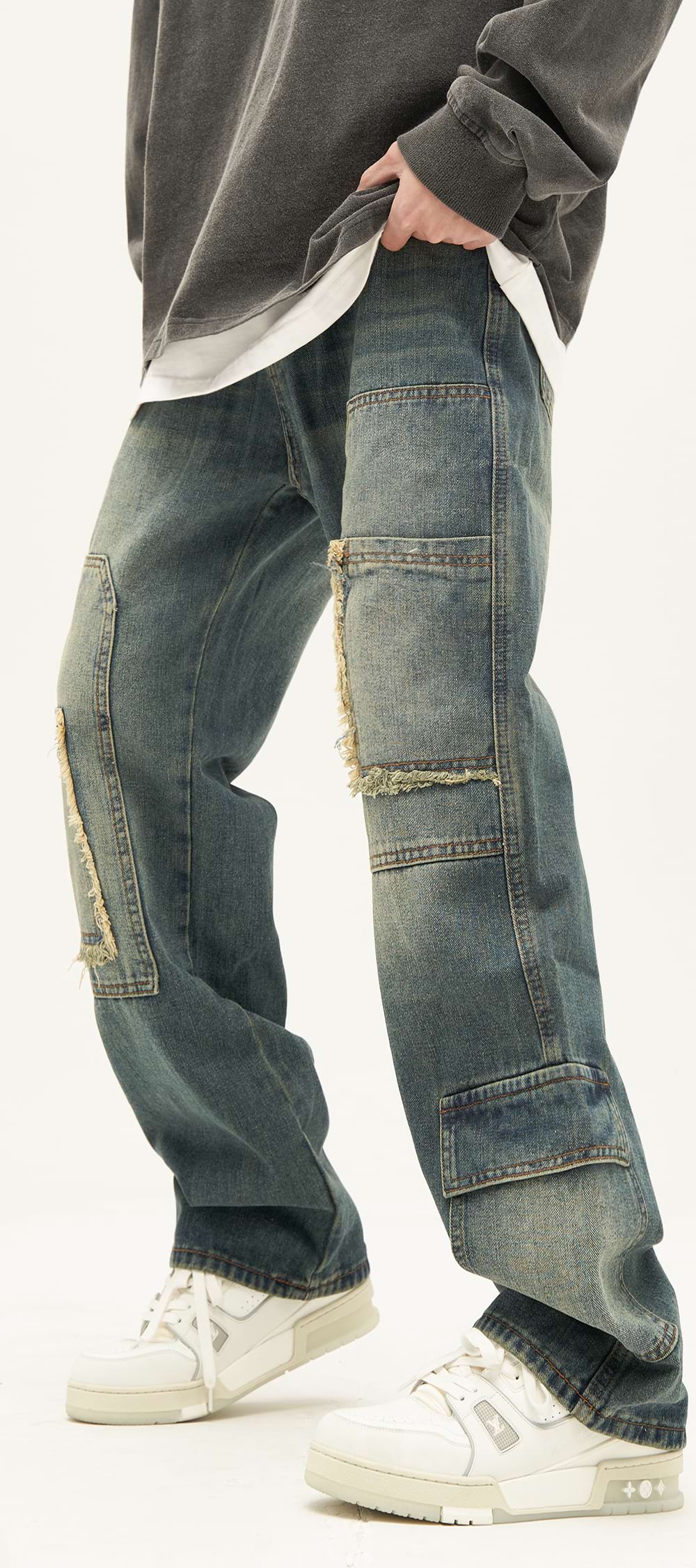 Distressed Patchwork Pocket Jeans