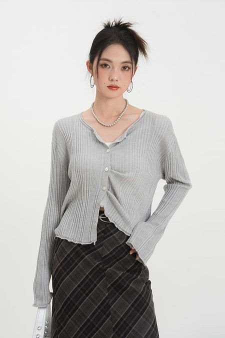 Ruffle Hem Ribbed Button Top - nightcity clothing