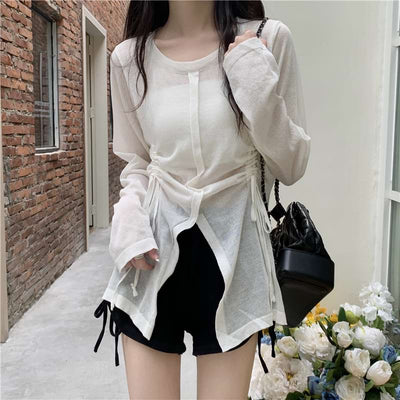 Translucent Split Hem Ruched Long Sleeve Top