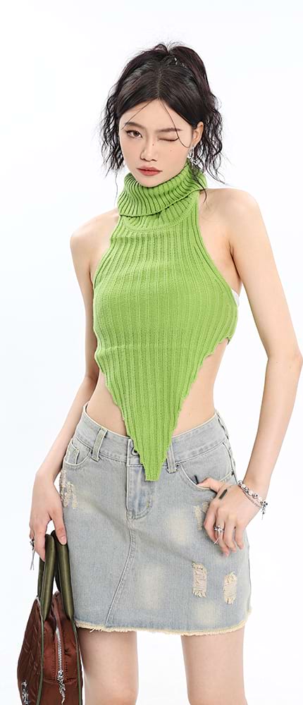 Turtleneck Pointed Hem Ribbed Top