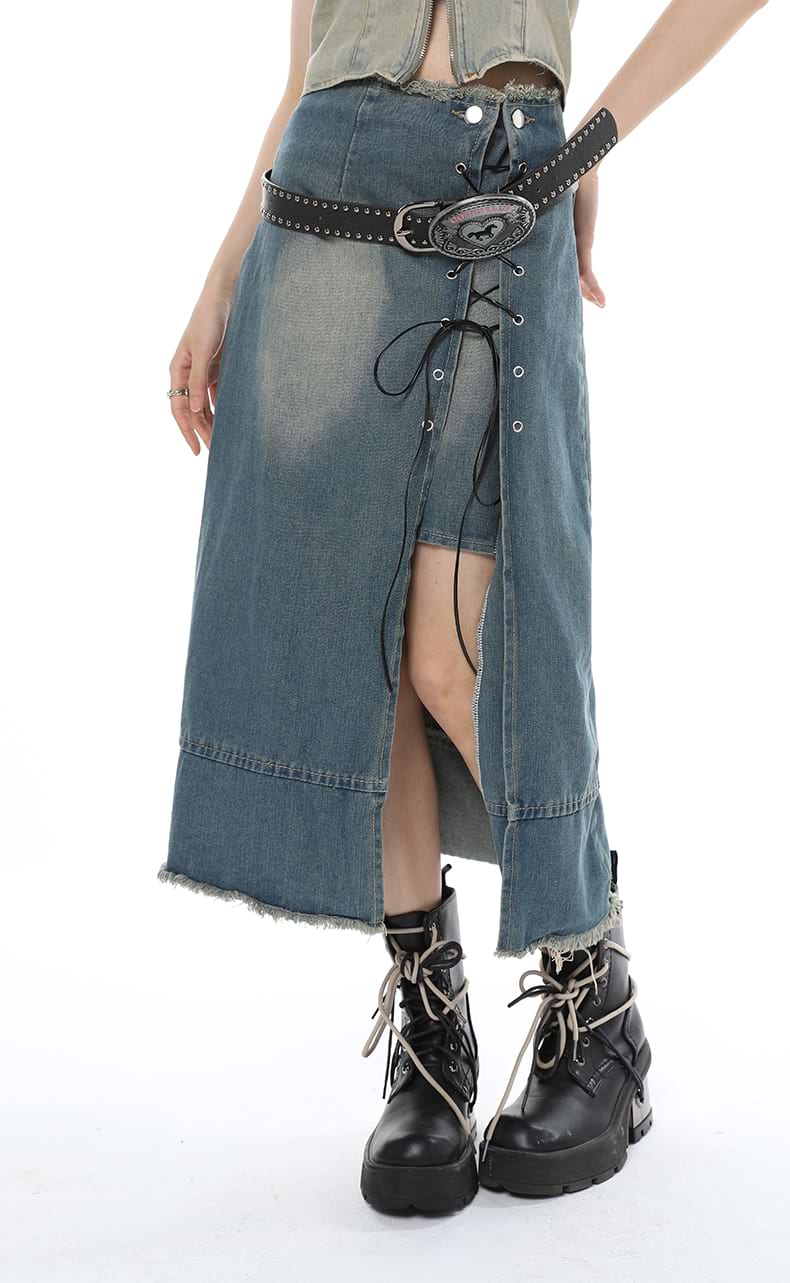 Layered Denim Midi Skirt with Drawstring Slit