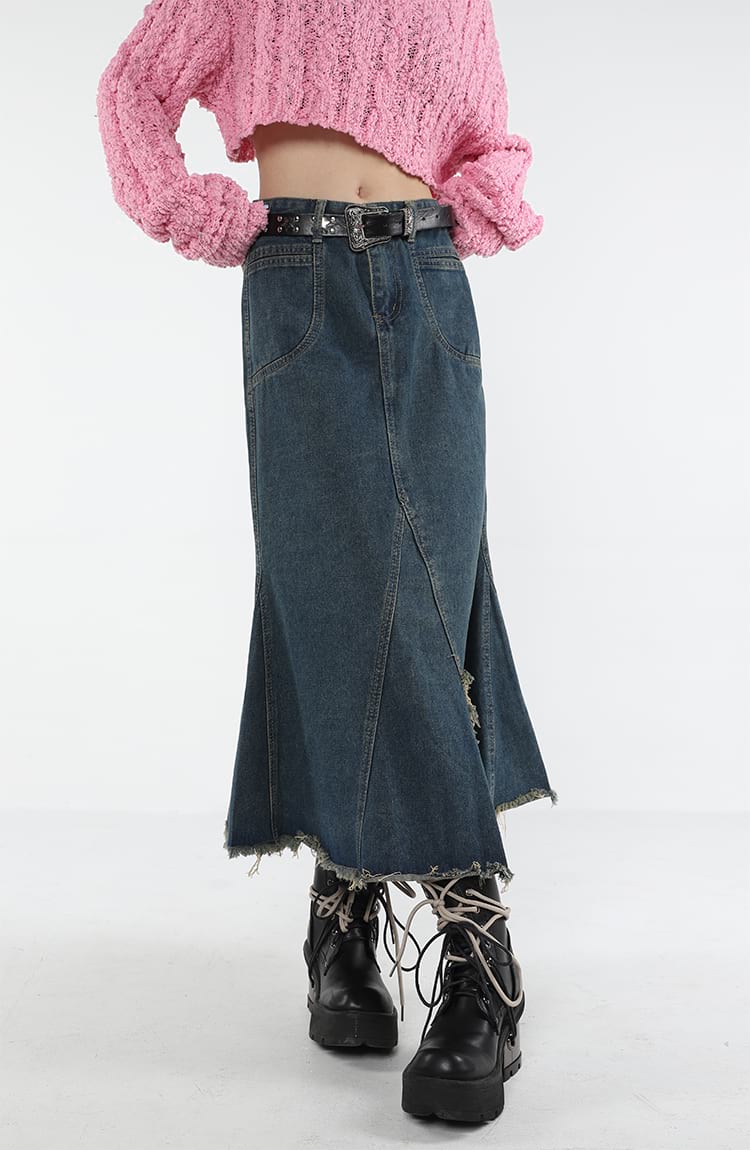 Distressed Hem Fishtail Denim Midi Skirt