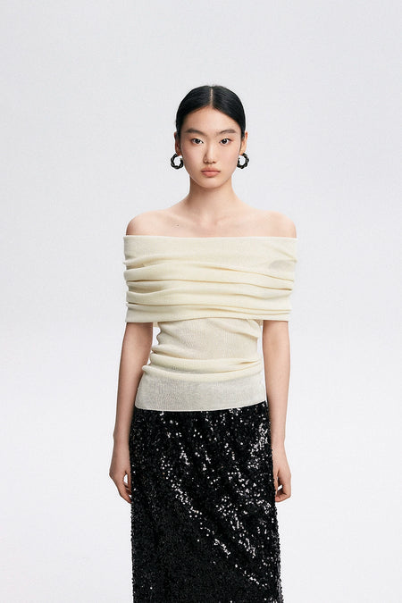 Off-Shoulder Ribbed Knit Short Sleeve Sweater Top