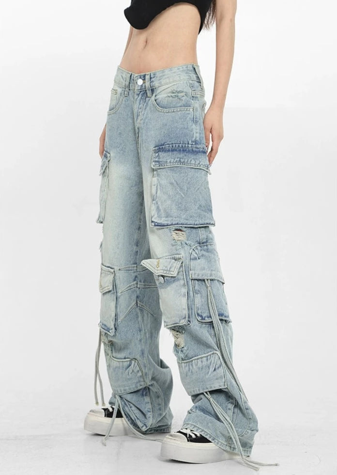 Patchwork Denim Cargo Pants with Strap Details