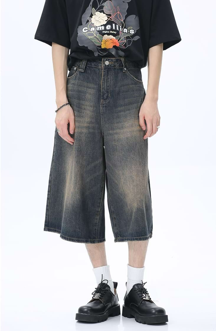 Faded Wide Leg Denim Long Jorts