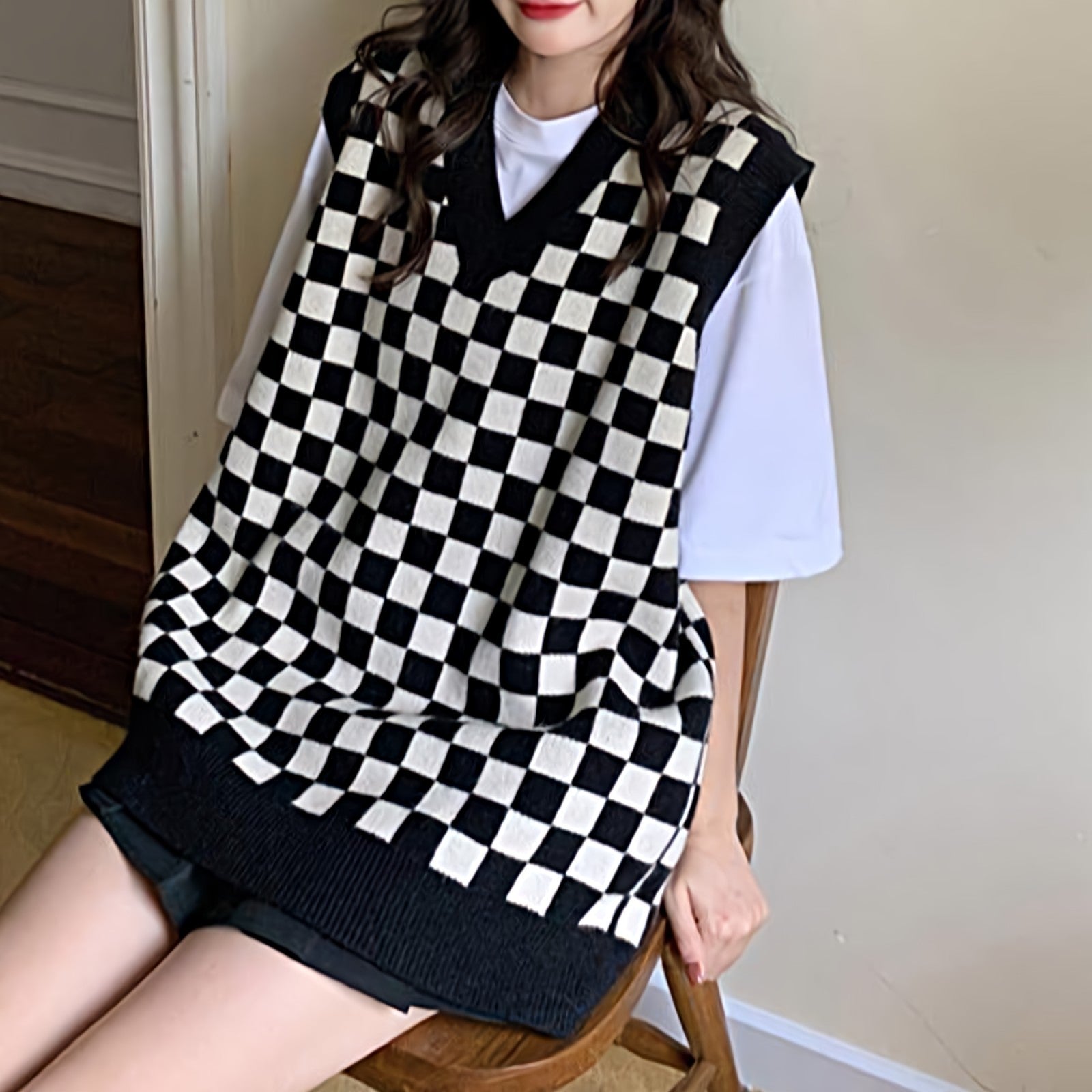 Checkerboard Sleeveless Sweater Vest - nightcity clothing
