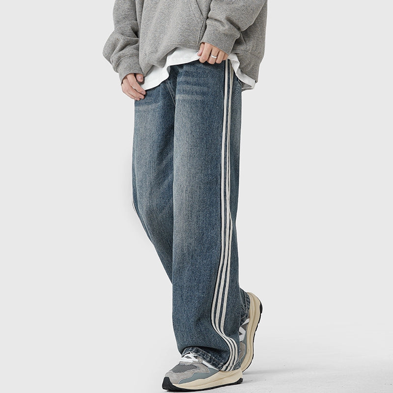 Straight Denim Jeans with Side Track Stripes