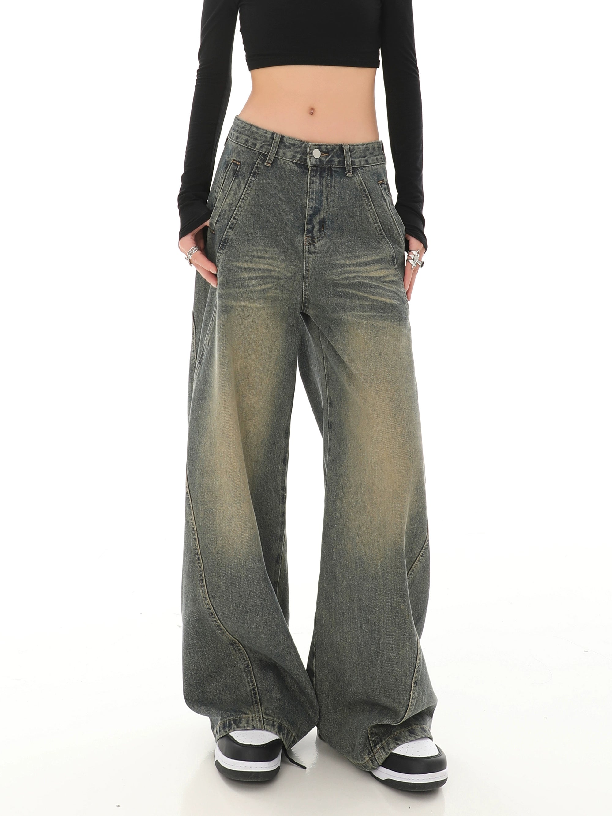 Sandblast Wide-Leg Jeans with Stitch Detail