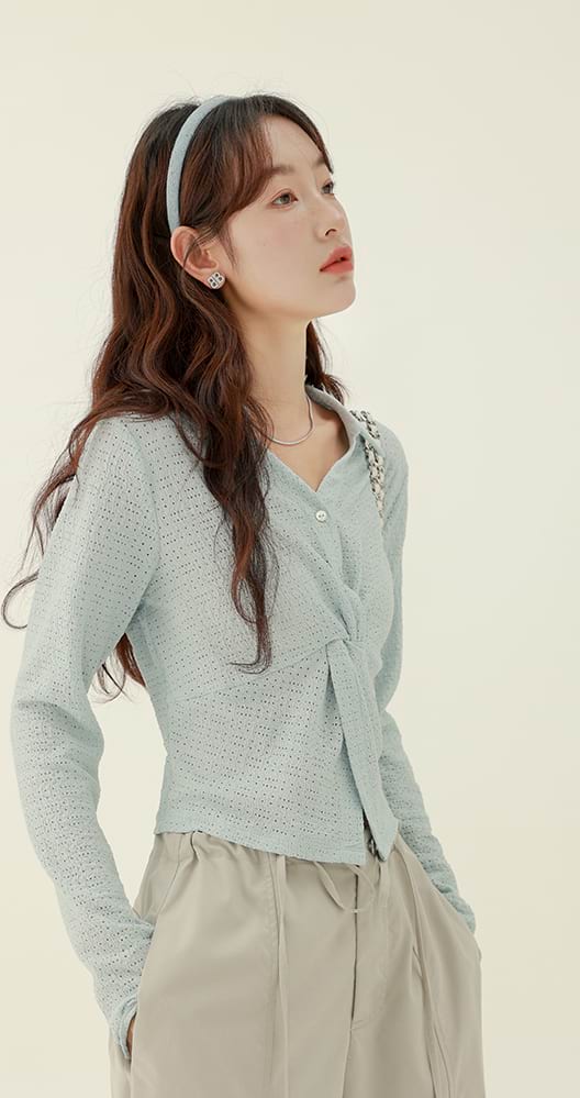Twisted Knot Eyelet Long Sleeve Top