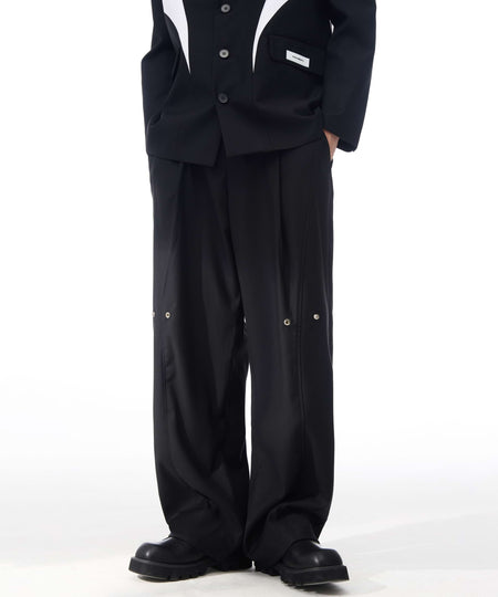 Pleated Straight Fit Pants with Knee Buttons