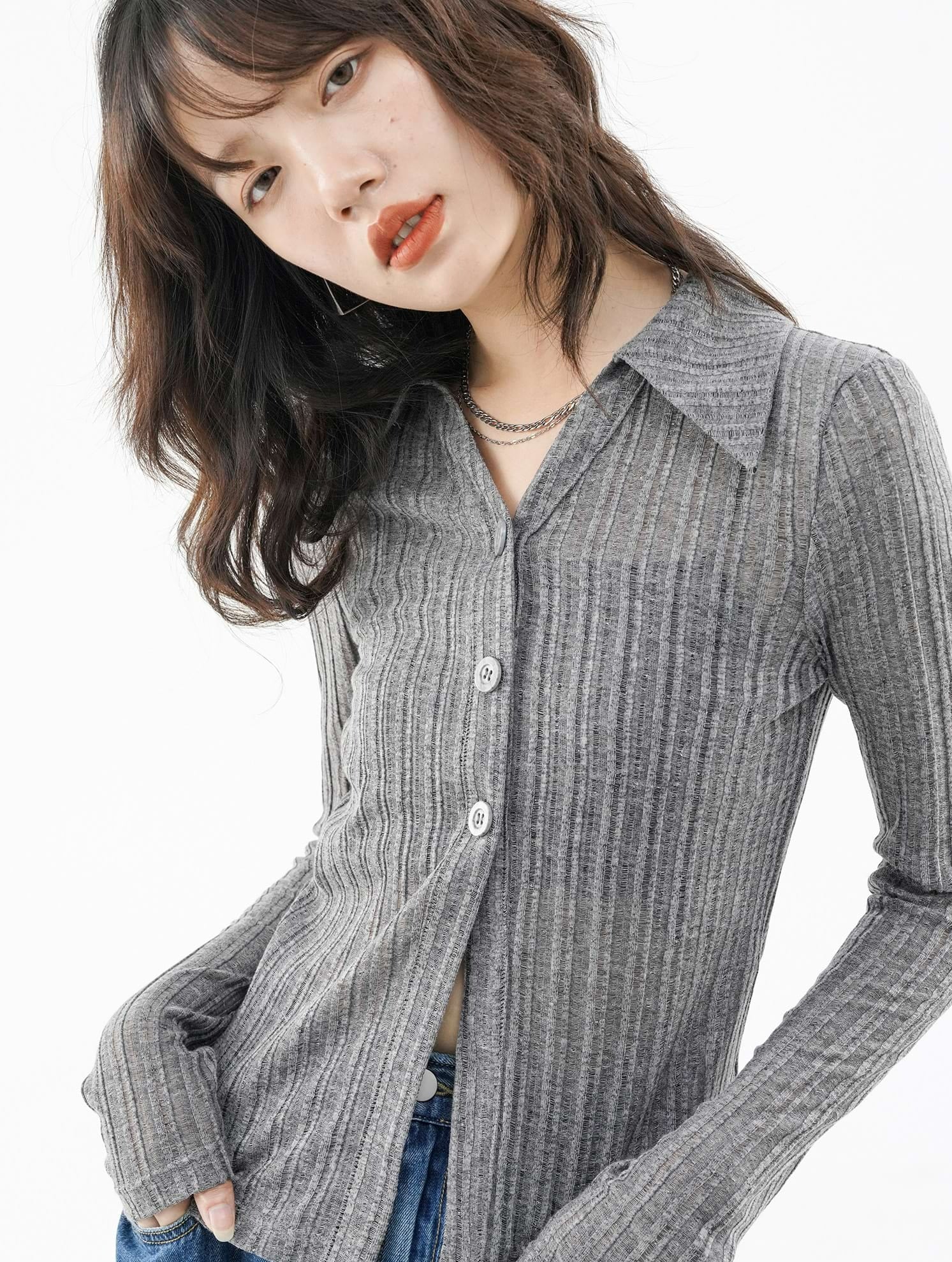 Ribbed Button Long Sleeve Top