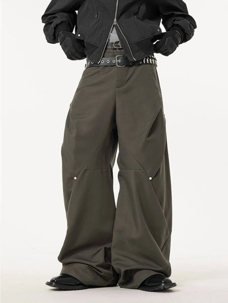 Wide Leg Paneled Pants with Button Detail - nightcity clothing