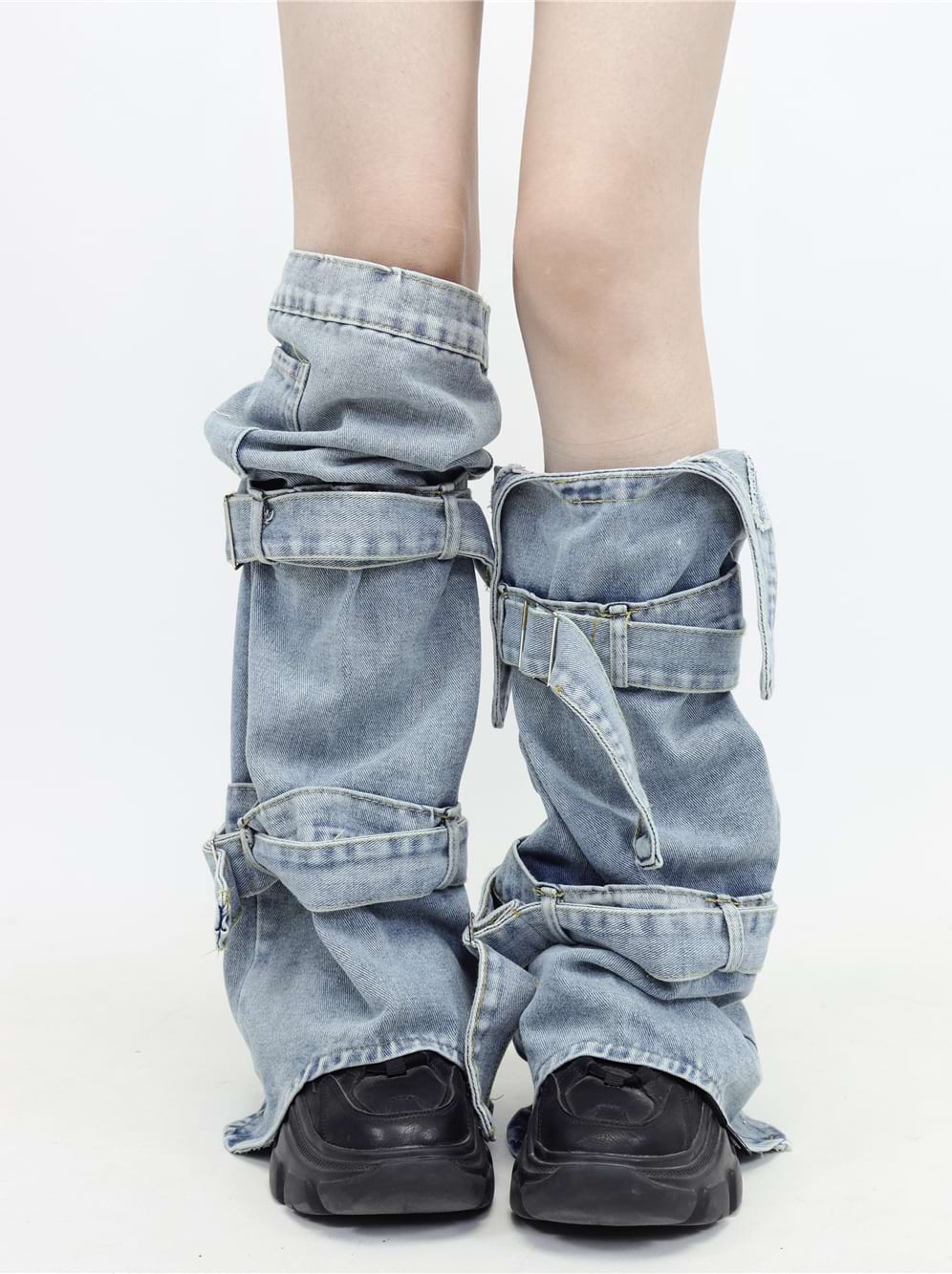 Double Strap Denim Leg Warmers