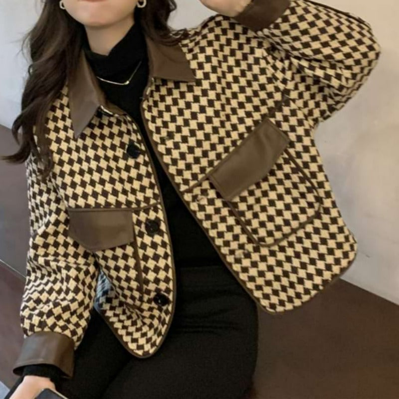 Faux Leather Argyle Pattern Blazer Jacket