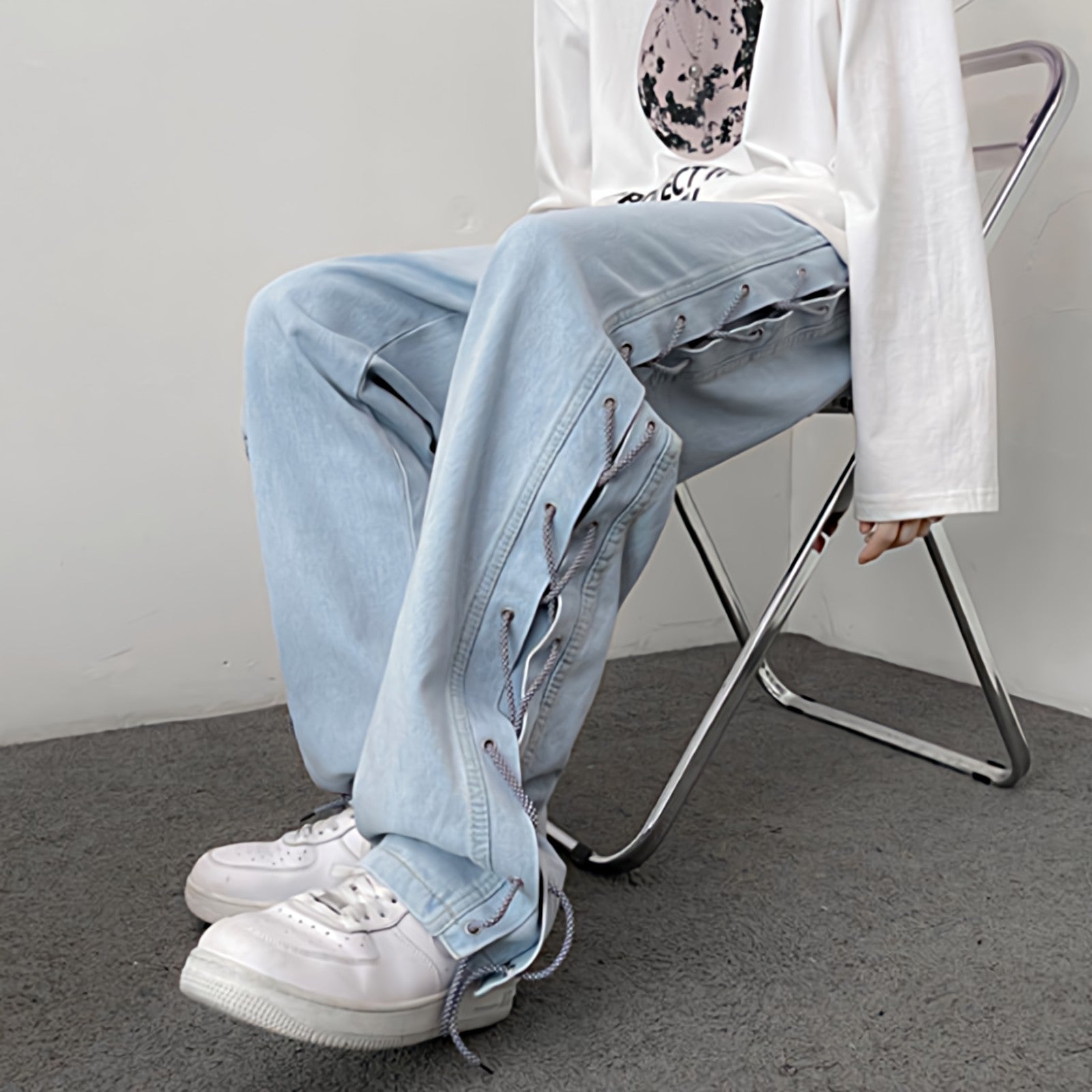 Split Hem Straight Jeans with Side Drawstring Lace - nightcity clothing