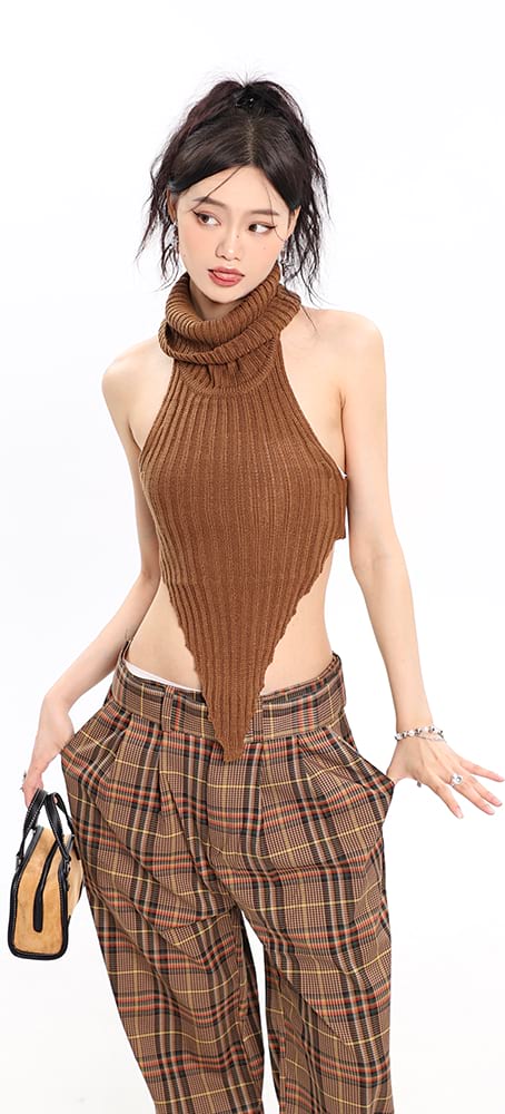 Turtleneck Pointed Hem Ribbed Top