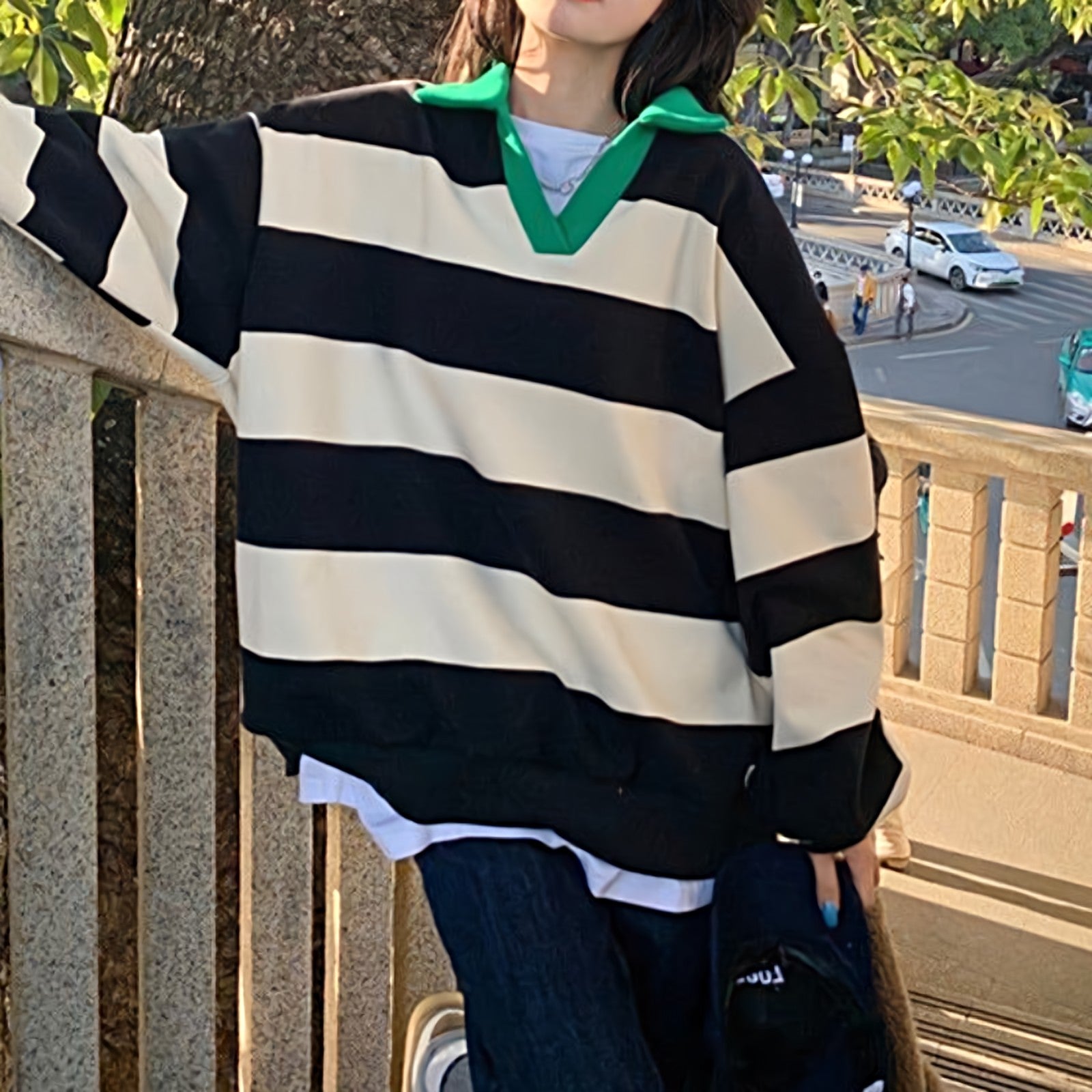 Oversized Stripe Color-Block Collared Sweatshirt - nightcity clothing