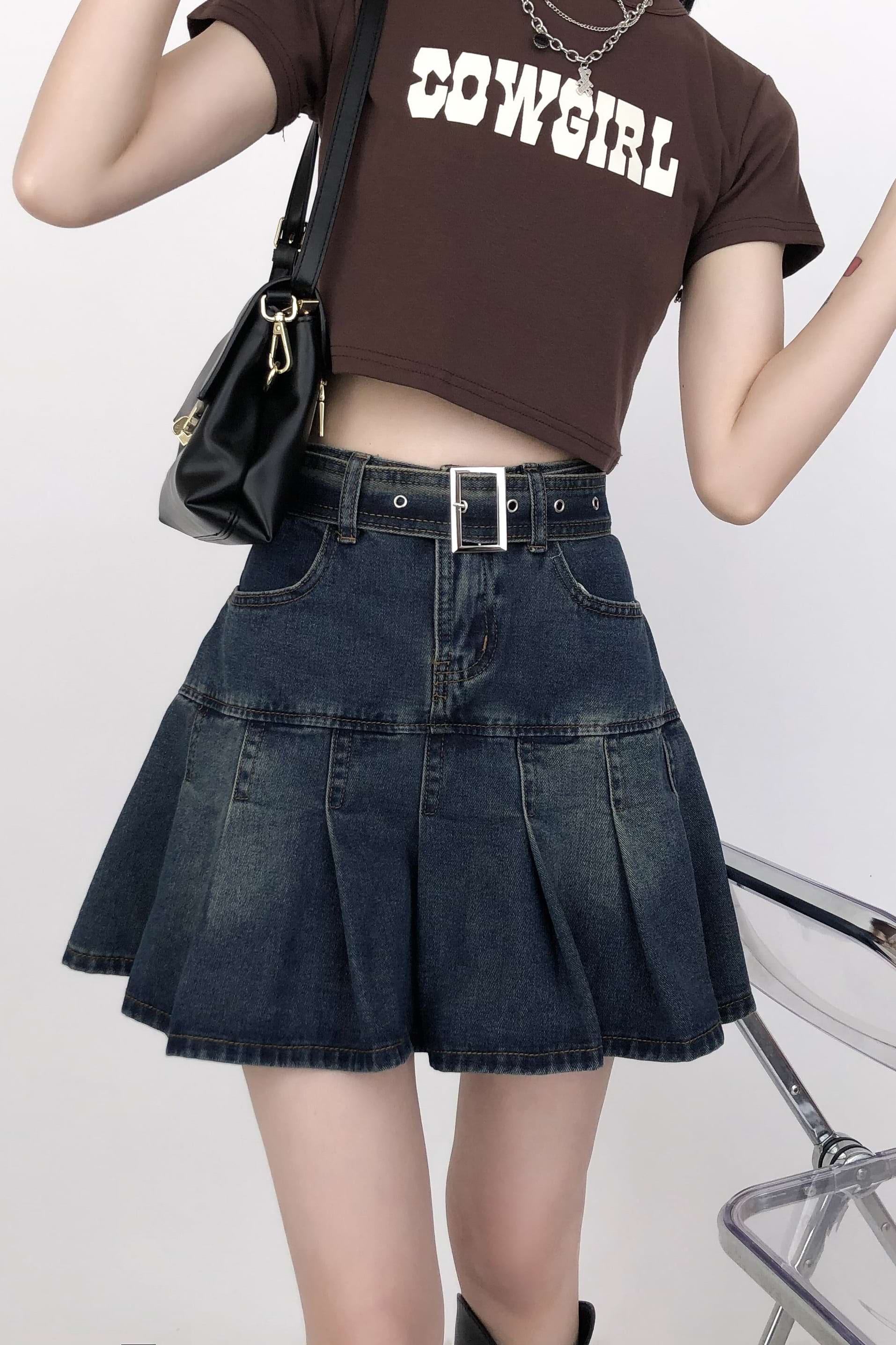 Tier Pleated Mini Denim Skirt with Belt