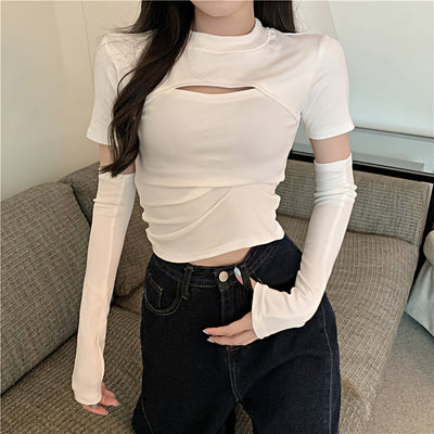 Skinny Mock Layered Keyhole Neckline Top with Arm Warmer Sleeves