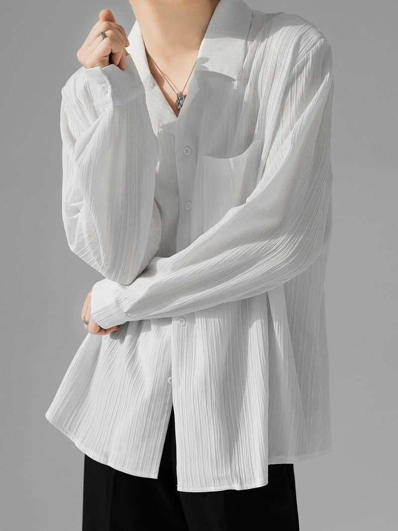 Textured Long Sleeve Button Shirt with Shoulder Pads