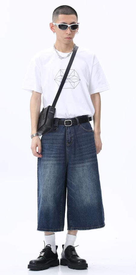 Faded Wide Leg Denim Long Jorts
