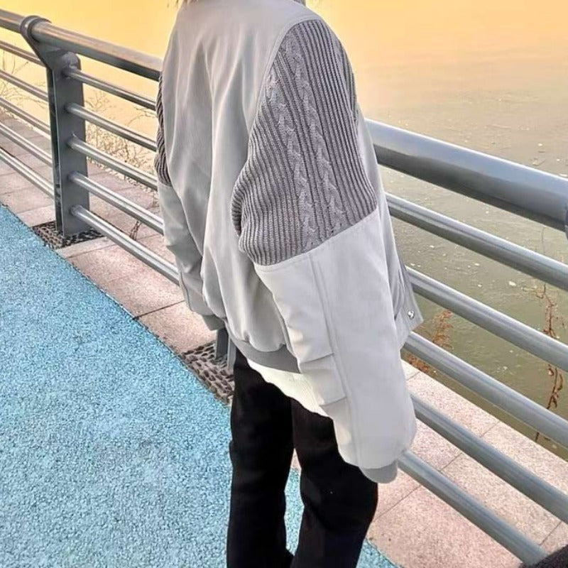 Knit Textured Patchwork Oversized Bomber Jacket