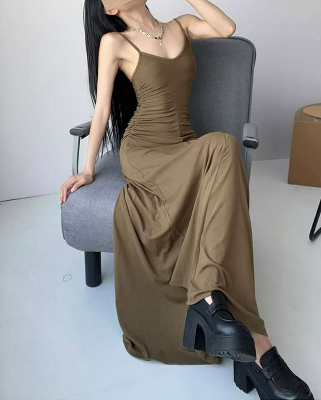 Side Ruched Spaghetti Strap Maxi Dress