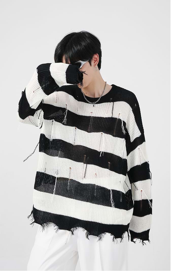 Distressed Tassel Stripe Knit Sweater - nightcity clothing