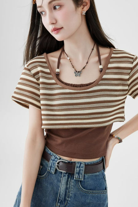 Halter Strap Camisole and Stripe Cropped Knit Top Two-Piece Set - nightcity clothing