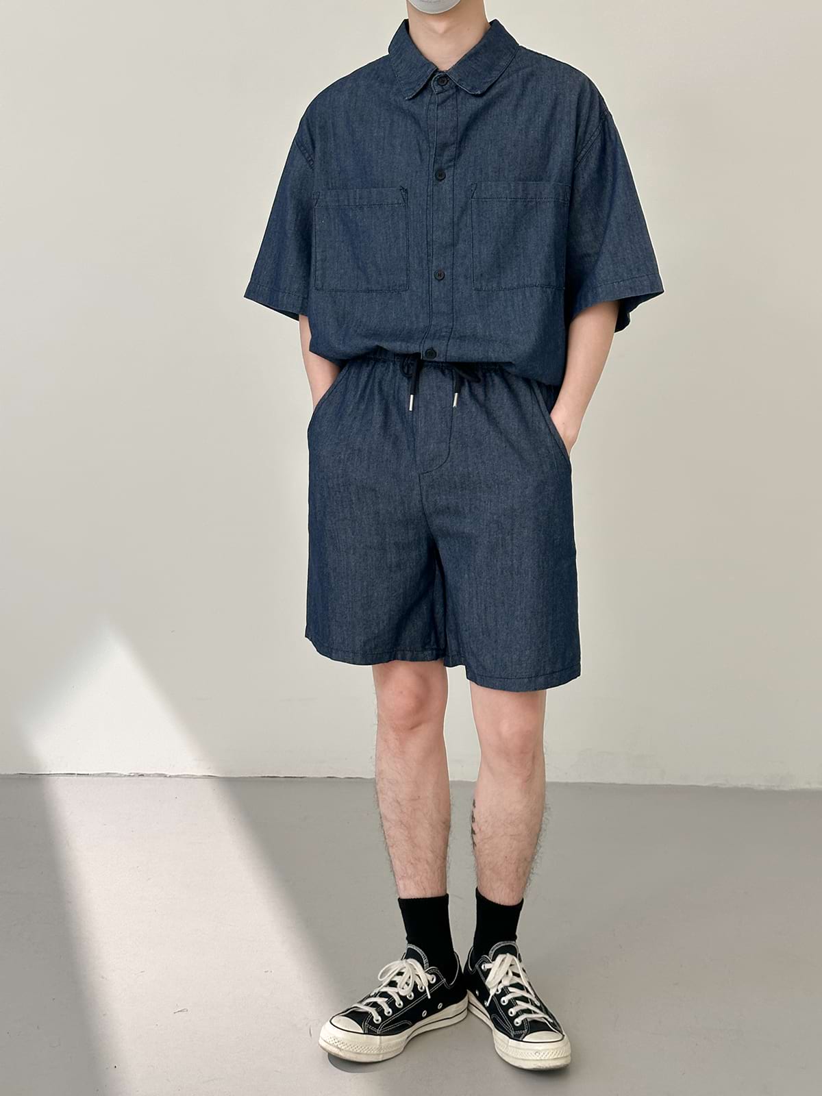 Soft Denim Button Shirt and Elastic Waist Shorts Two-Piece Set
