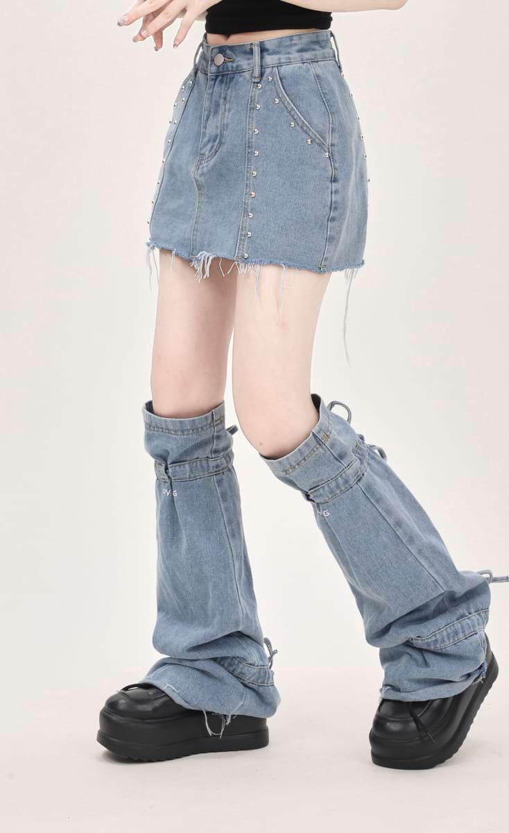 Distressed Denim Mini Skirt and Leg Warmers