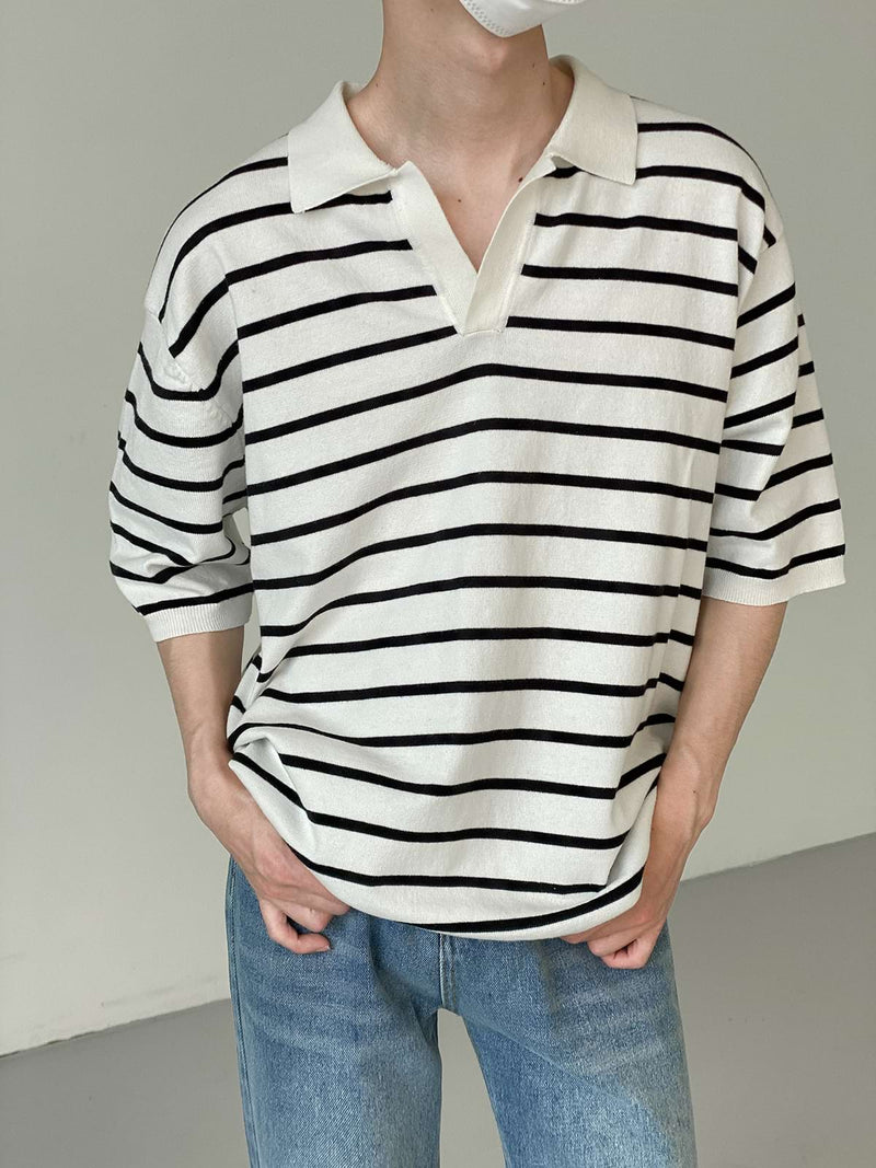 Stripe Ribbed Hem Collared Shirt