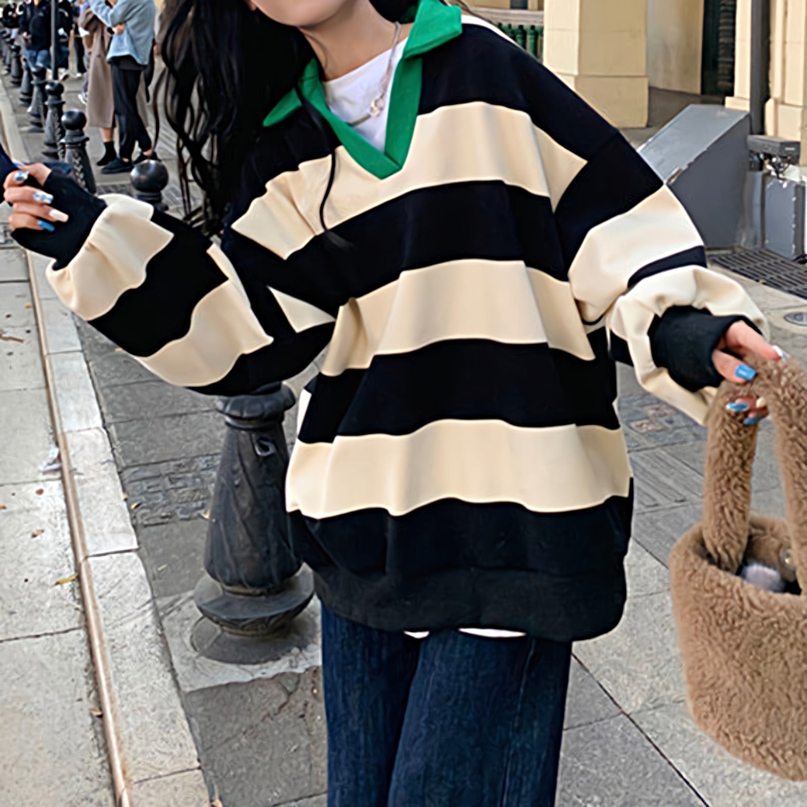 Oversized Stripe Color-Block Collared Sweatshirt - nightcity clothing