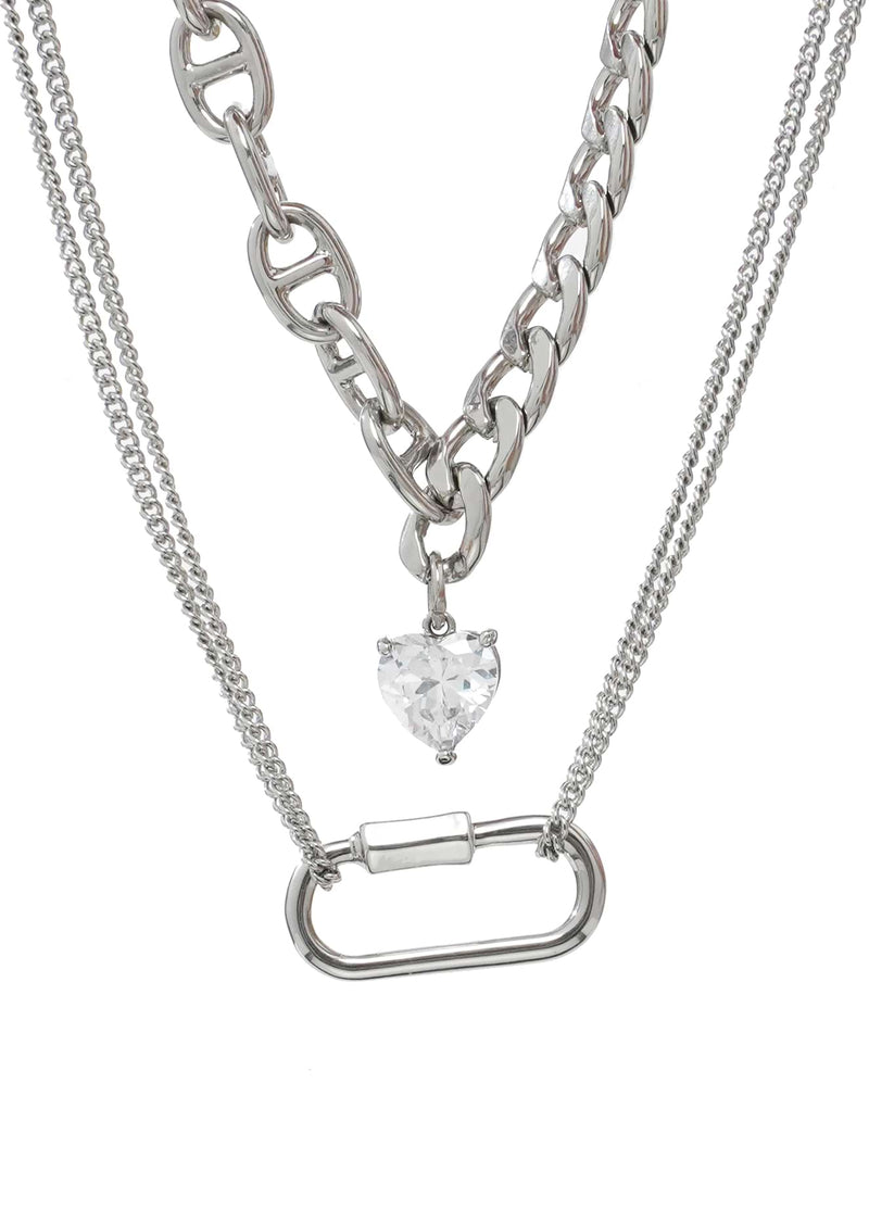 Multi Layer Chain Necklace with Heart Stud and Hollow Pendant