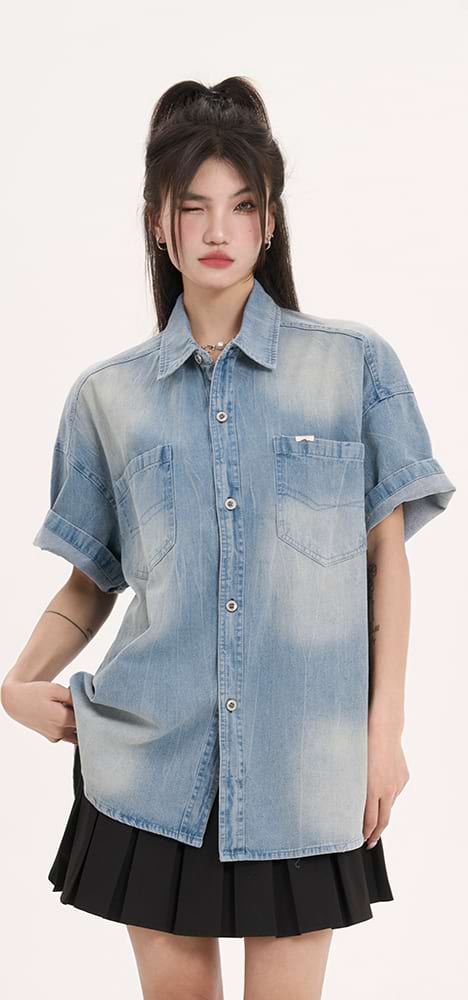Oversized Faded Denim Button Top