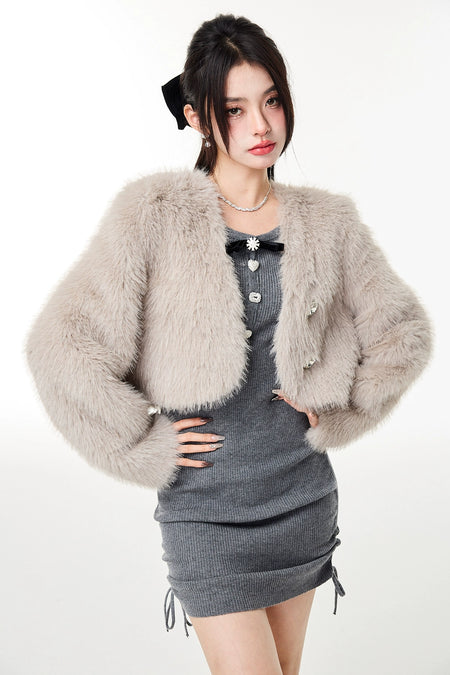 Faux Fur Cropped Jacket with Jewel Buttons - nightcity clothing
