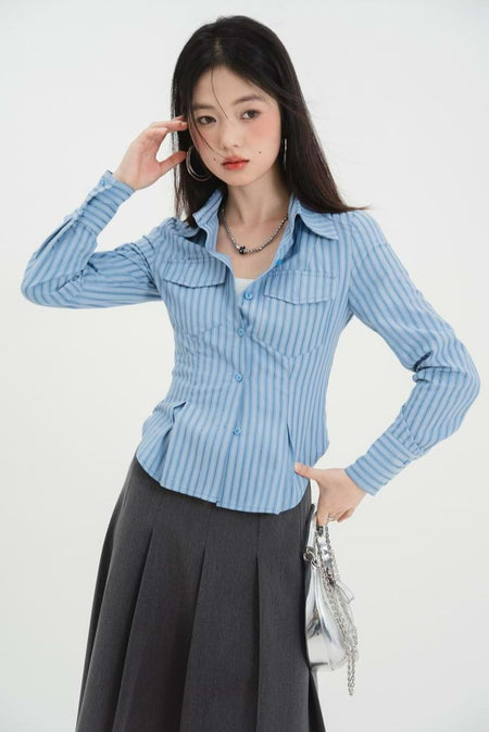 Stripe Pleated Button Shirt
