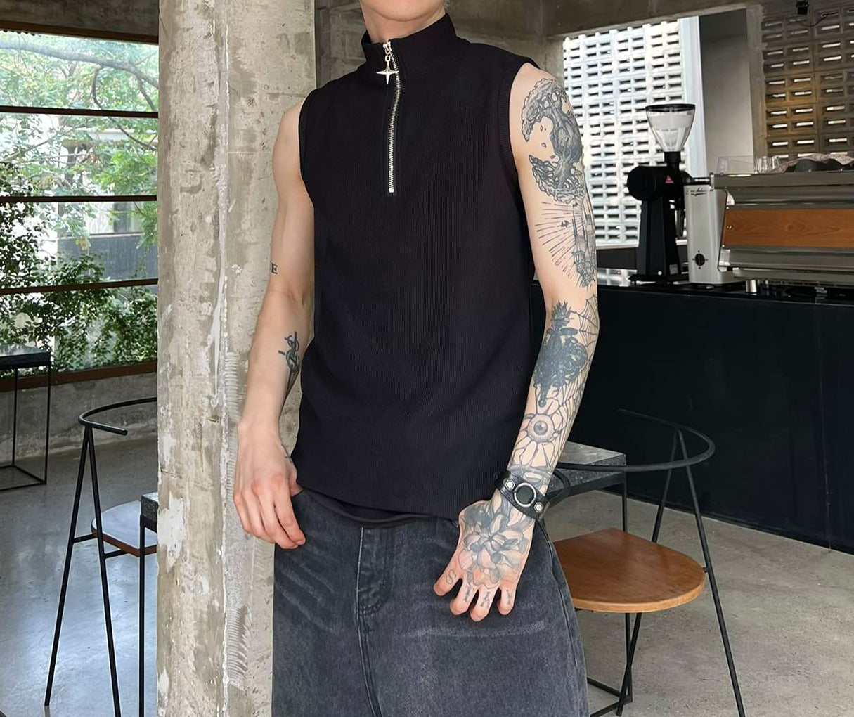 High Neck Half Zip Sleeveless Shirt