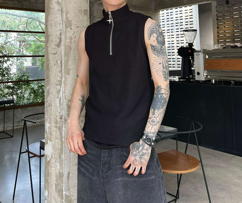 High Neck Half Zip Sleeveless Shirt