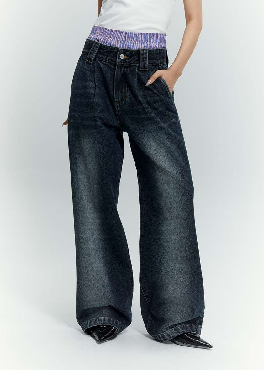 Mid-Waist Wide Leg Faded Jeans