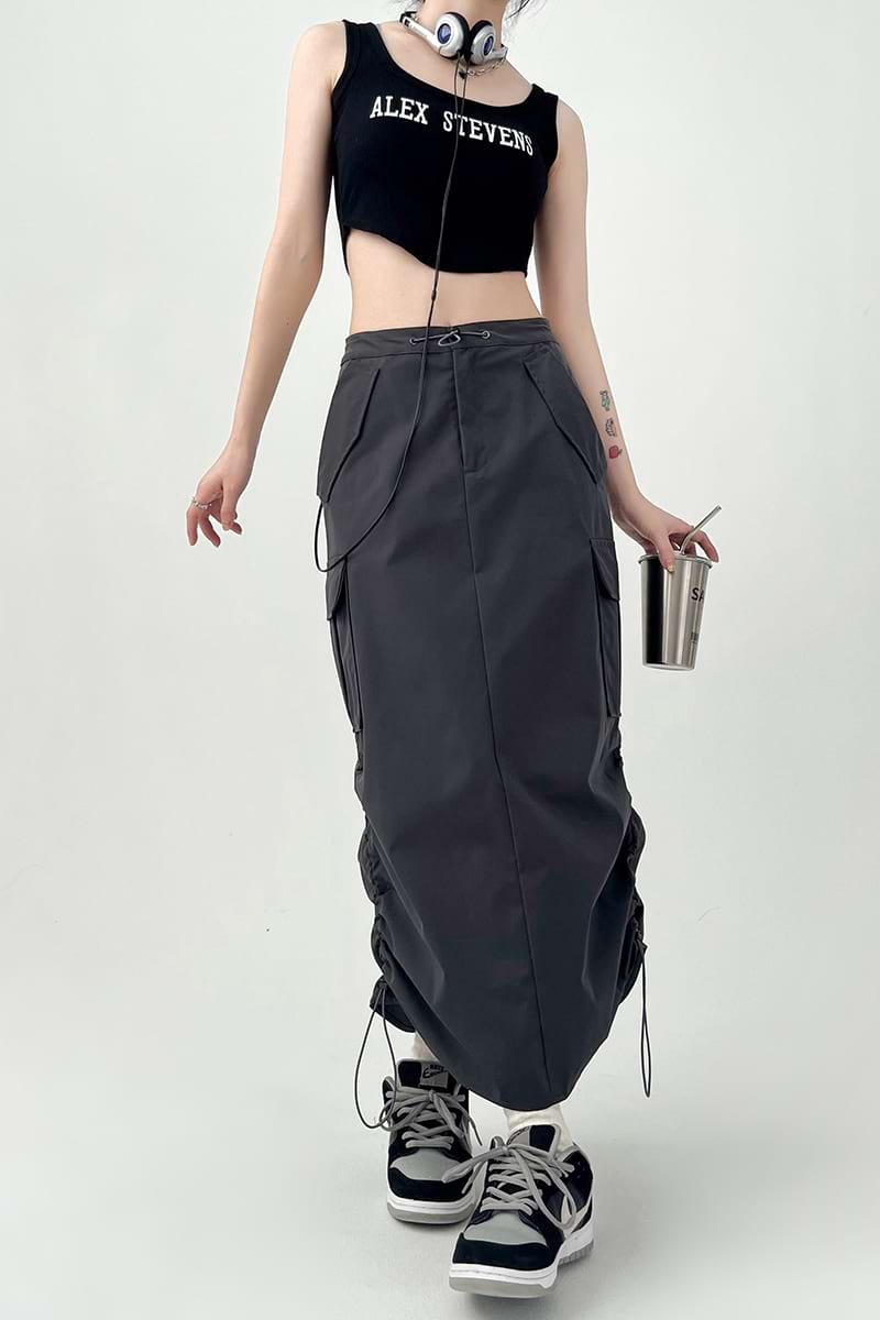 Side Ruched Parachute Cargo Midi Skirt