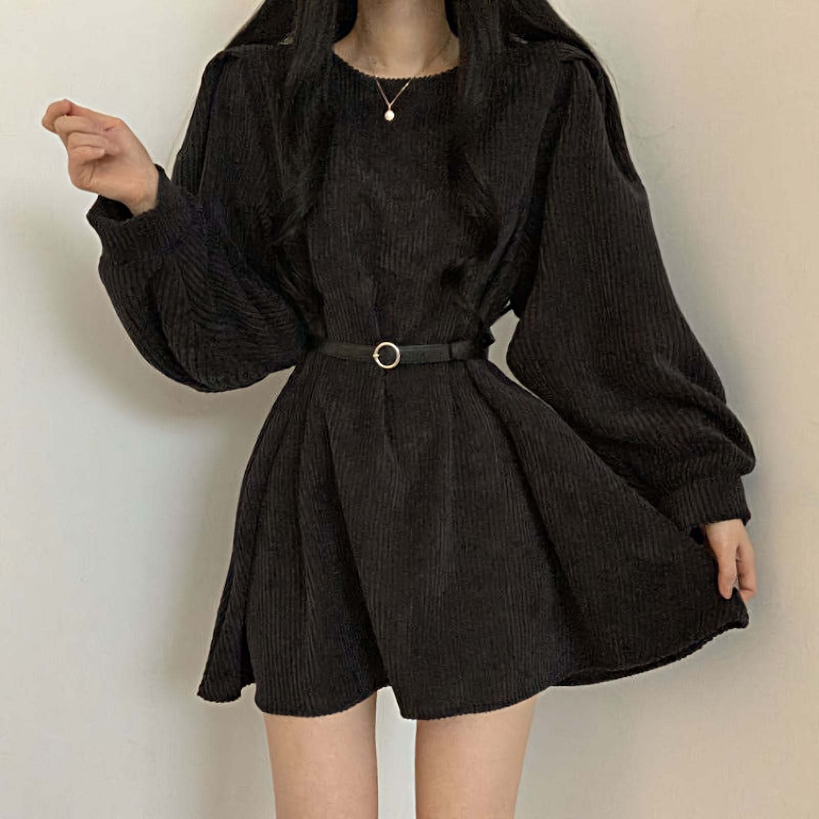 Corduroy Puff Long Sleeve Mini Dress - nightcity clothing