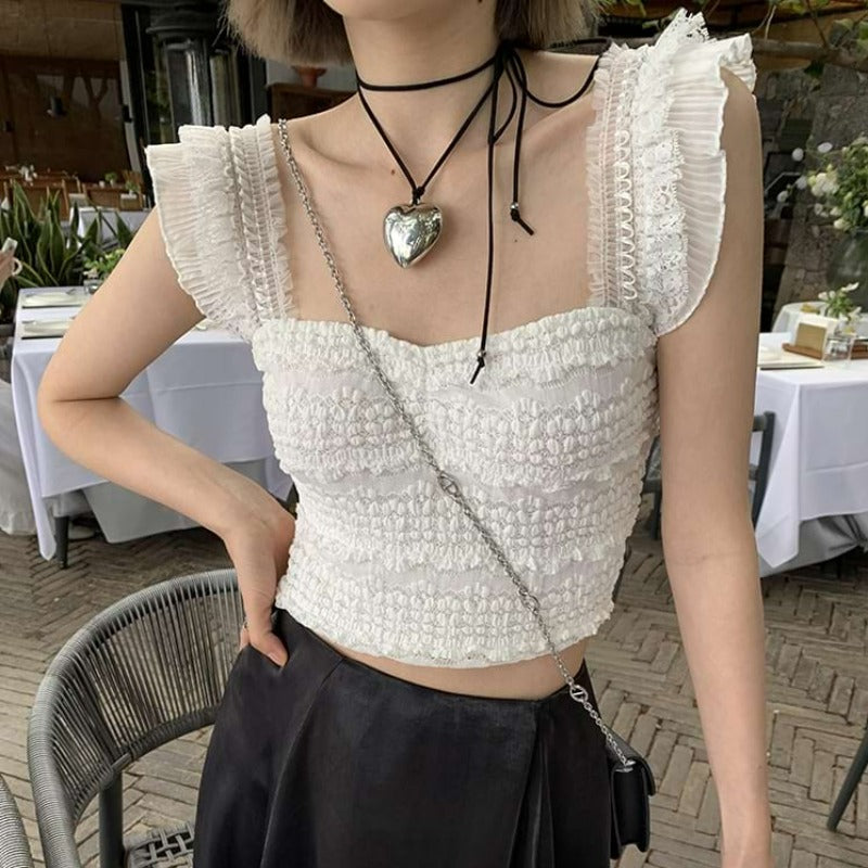 Pleated Strap Textured Cropped Top