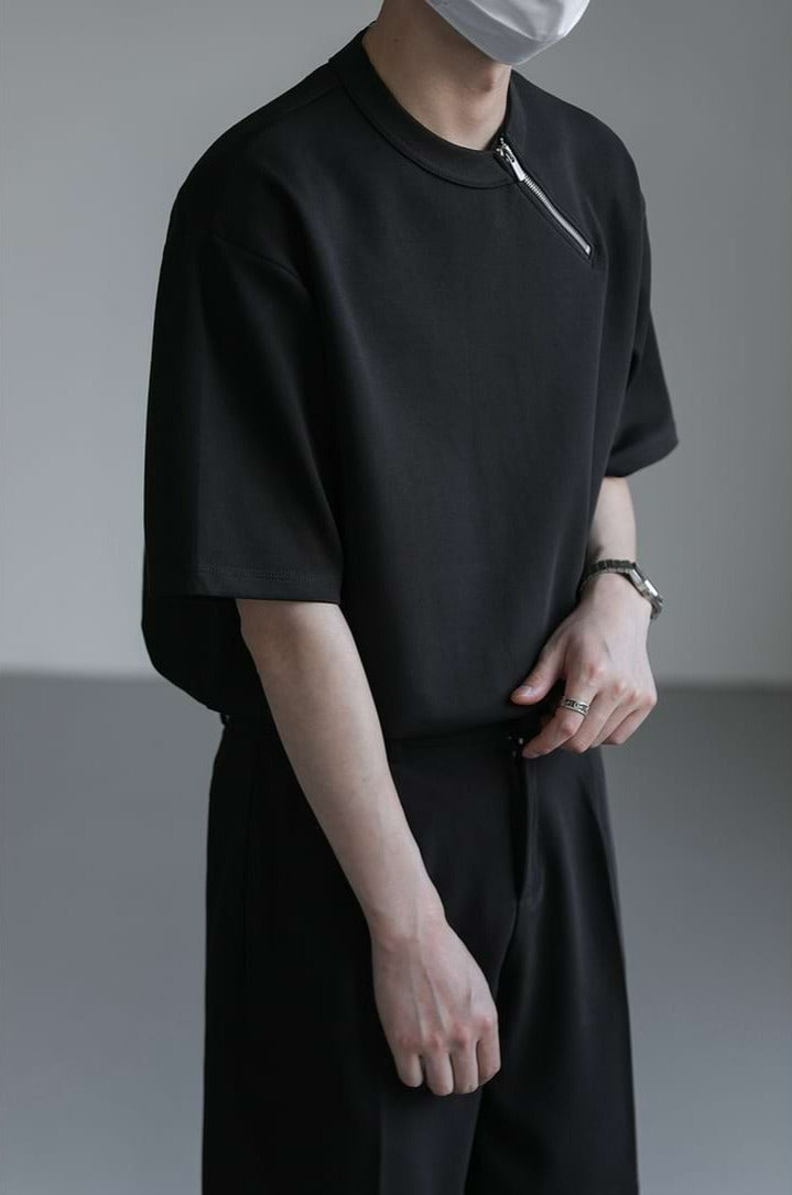 Asymmetric Collar Zip Drop Shoulder T-Shirt