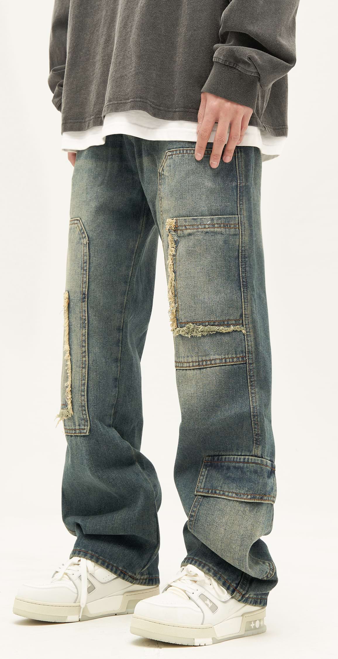 Distressed Patchwork Pocket Jeans