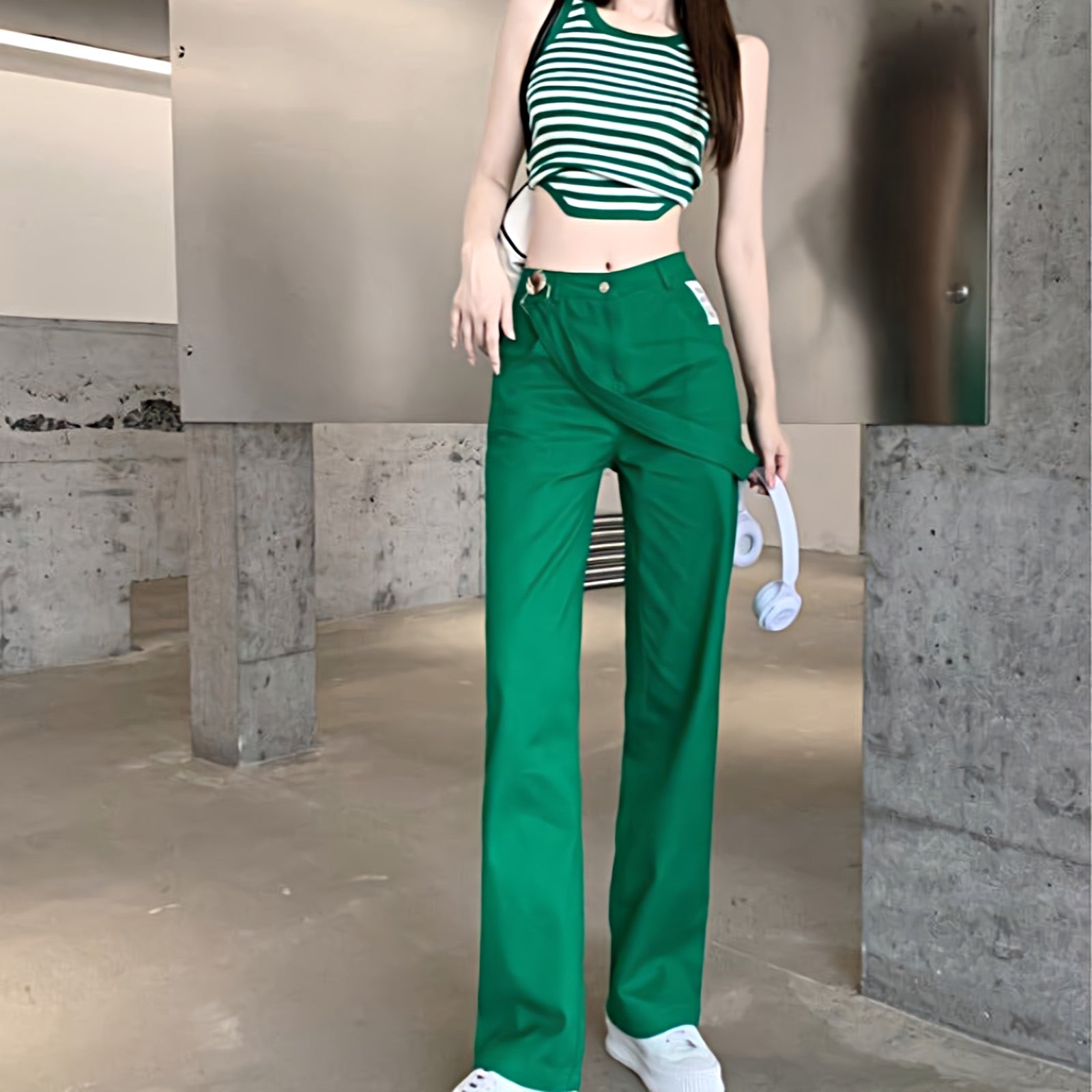 Slim Stripe Crop Top and Straight Fit Jeans with Single Strap Two-Piece Set - nightcity clothing