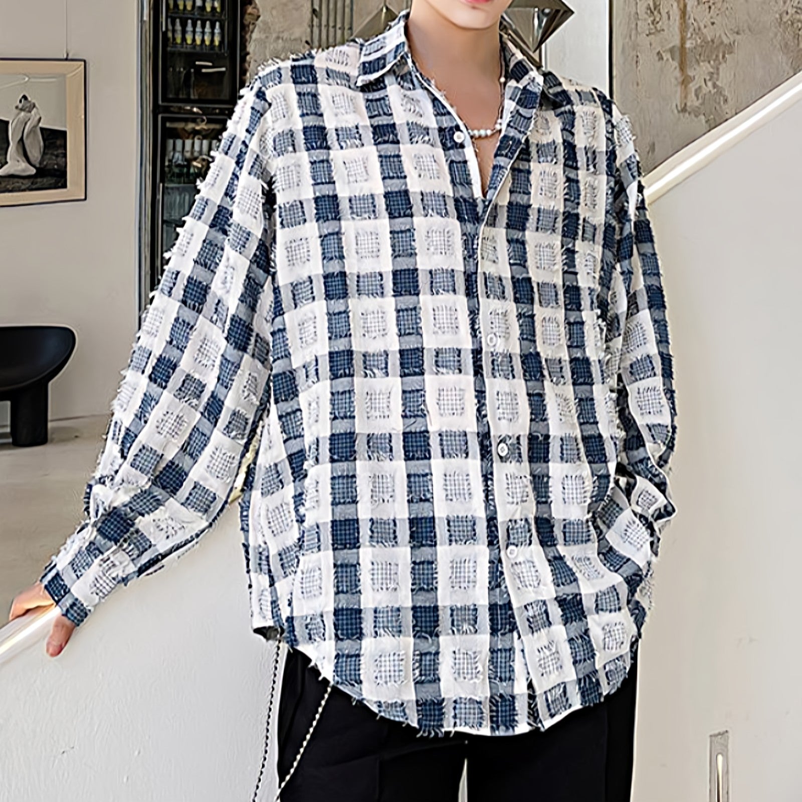 Checker Textured Long Sleeve Shirt - nightcity clothing