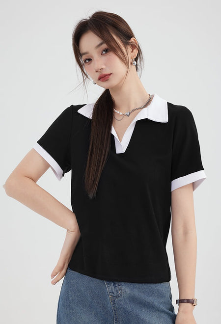 Contrast Hem V-Neck Polo Shirt