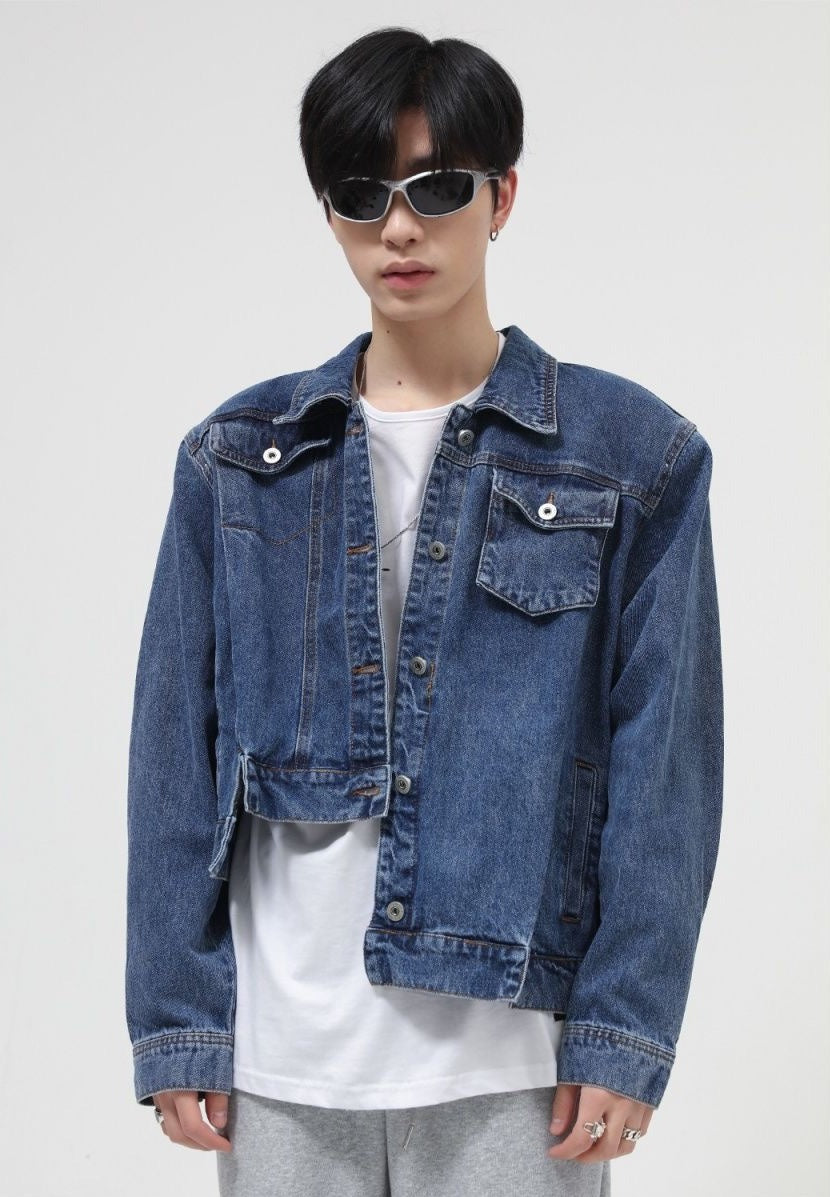 Asymmetric Denim Jacket with Shoulder Pads - nightcity clothing