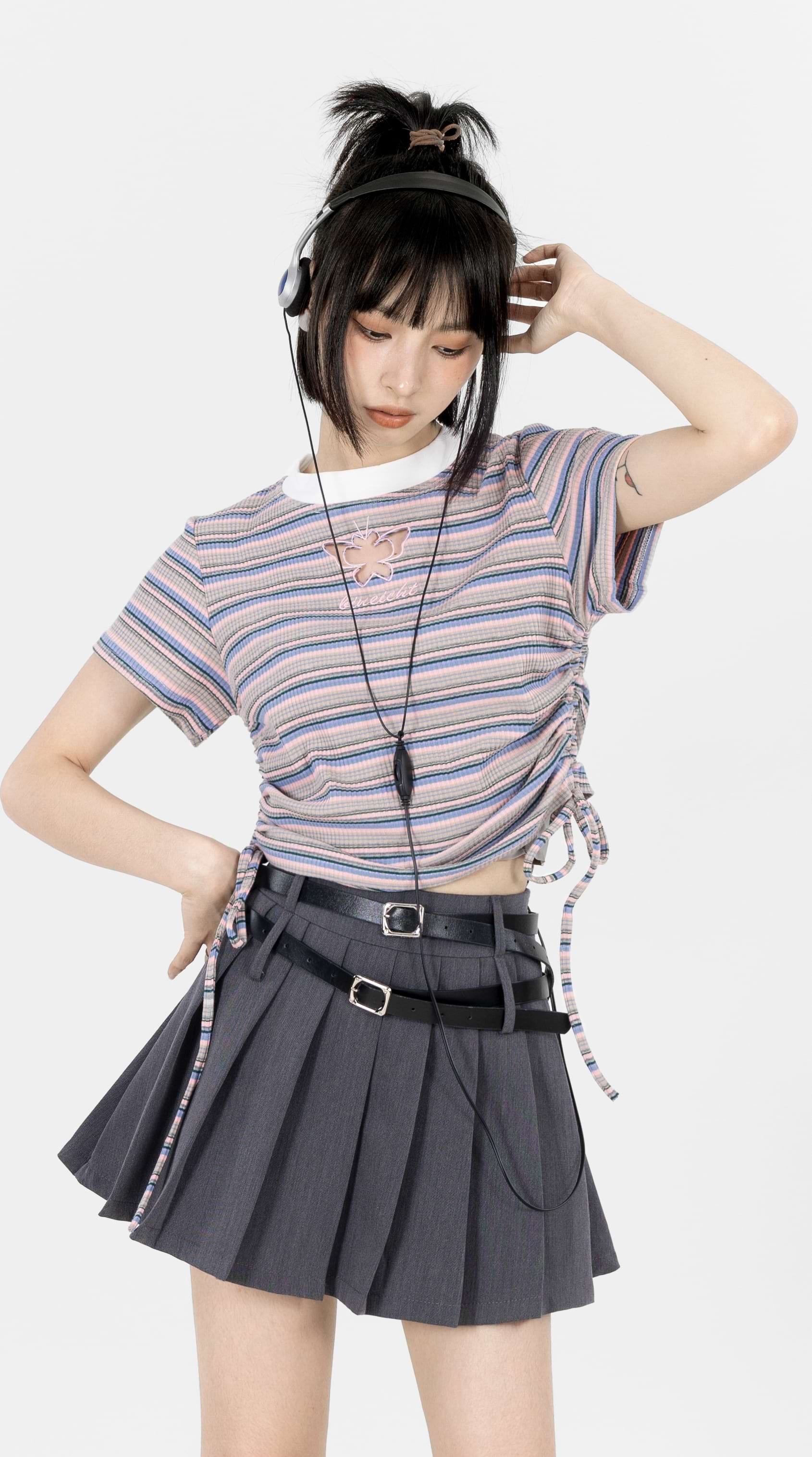 Stripe Ruched Side Crop Top with Butterfly Cutout